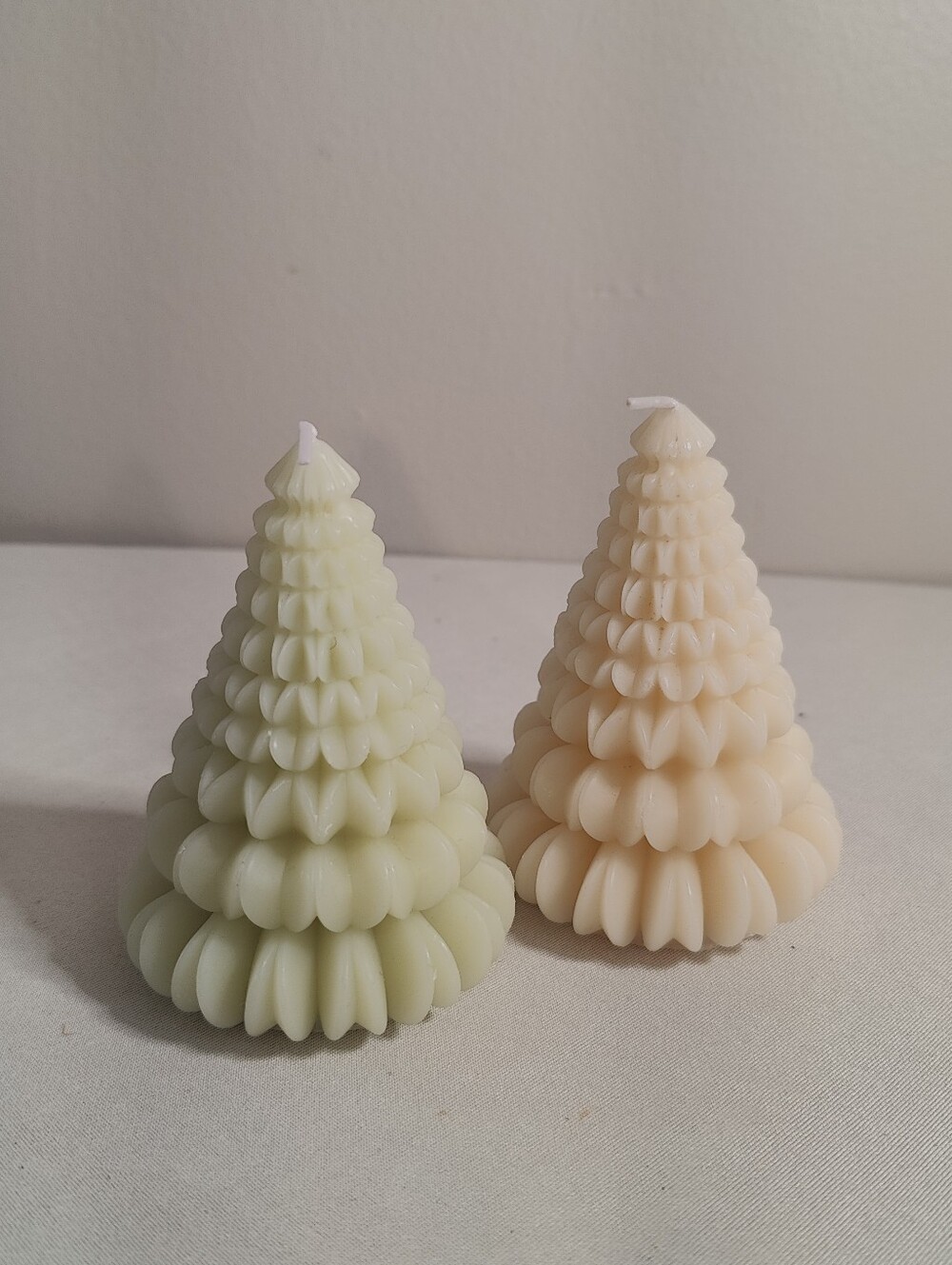 Holiday Decor Christmas Tree Molded Pillar Candles Green & Cream Set of 2